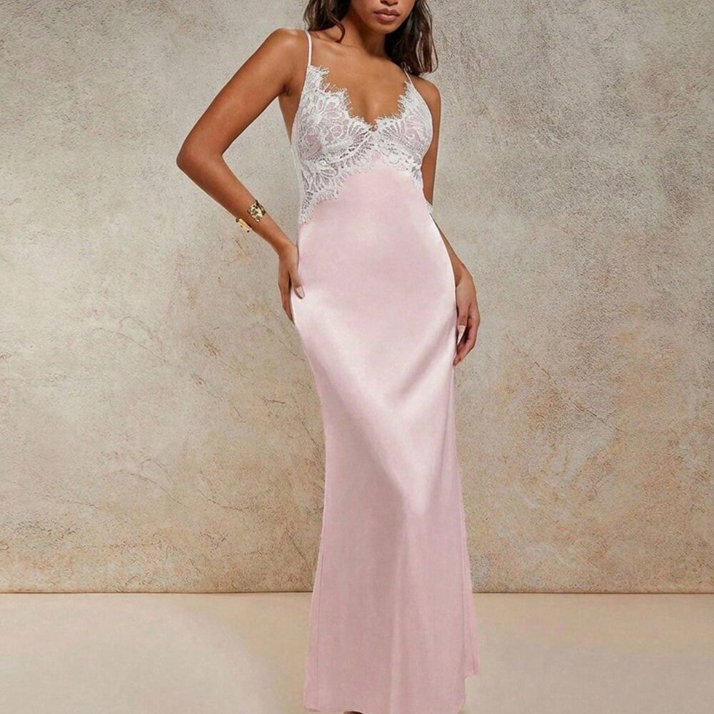 Baby Pink Elegant Women's V-Neck Lace Patchwork Long Dress